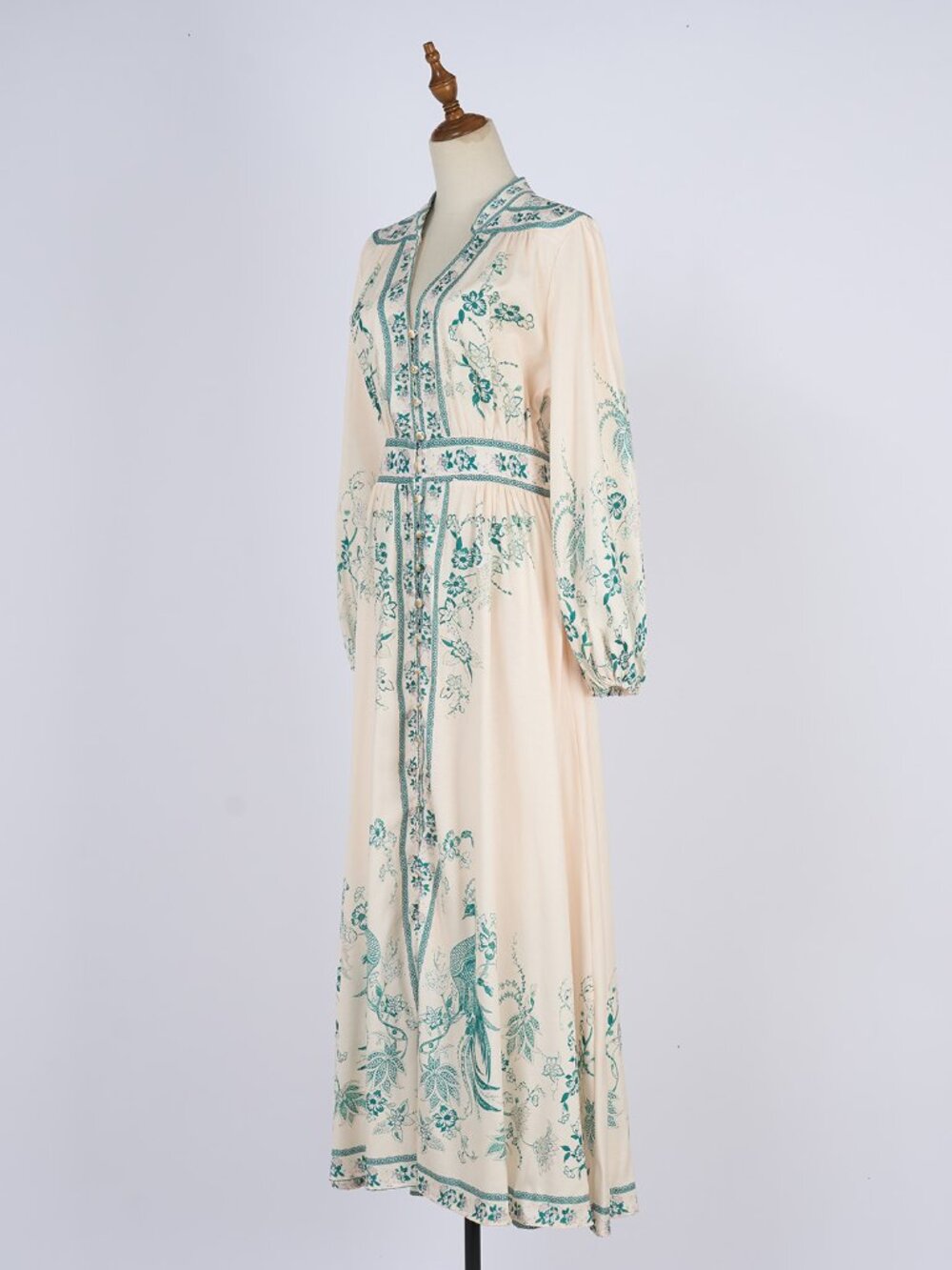 Vintage Cream & Teal Floral Bird Print Prairie Maxi Dress - Picture 3 of 14